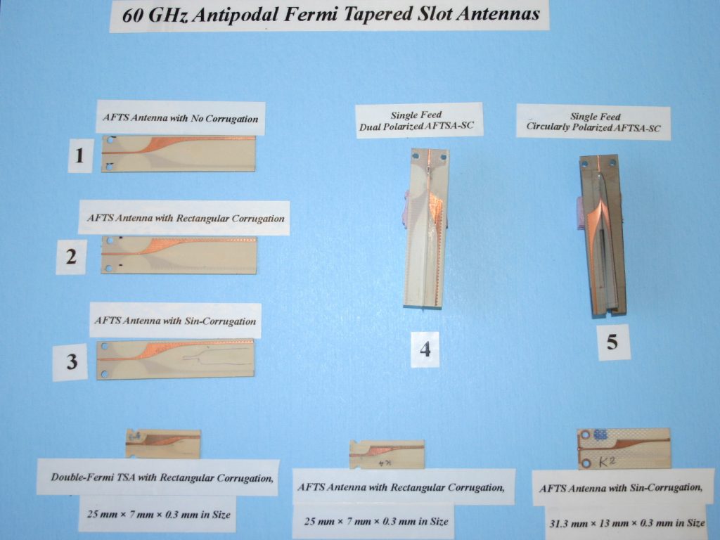 Several profiles of antipodal Fermi tapered slot antennas designed to operate at 60GHz